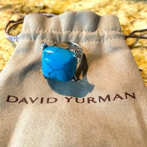 David Yurman Silver Cushion On Point 20mm Turquoise & Diamond Ring 6.5